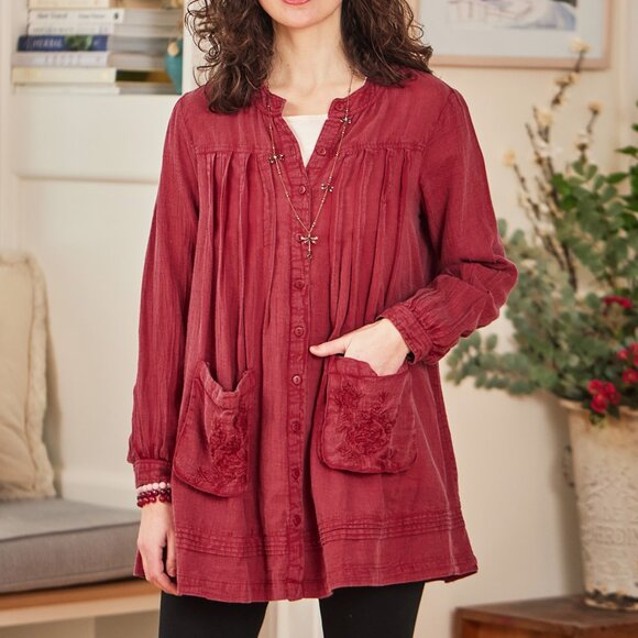 April Cornell Crimson boho Red button up Jacket/Blouse with Embroidery XL - Picture 1 of 10